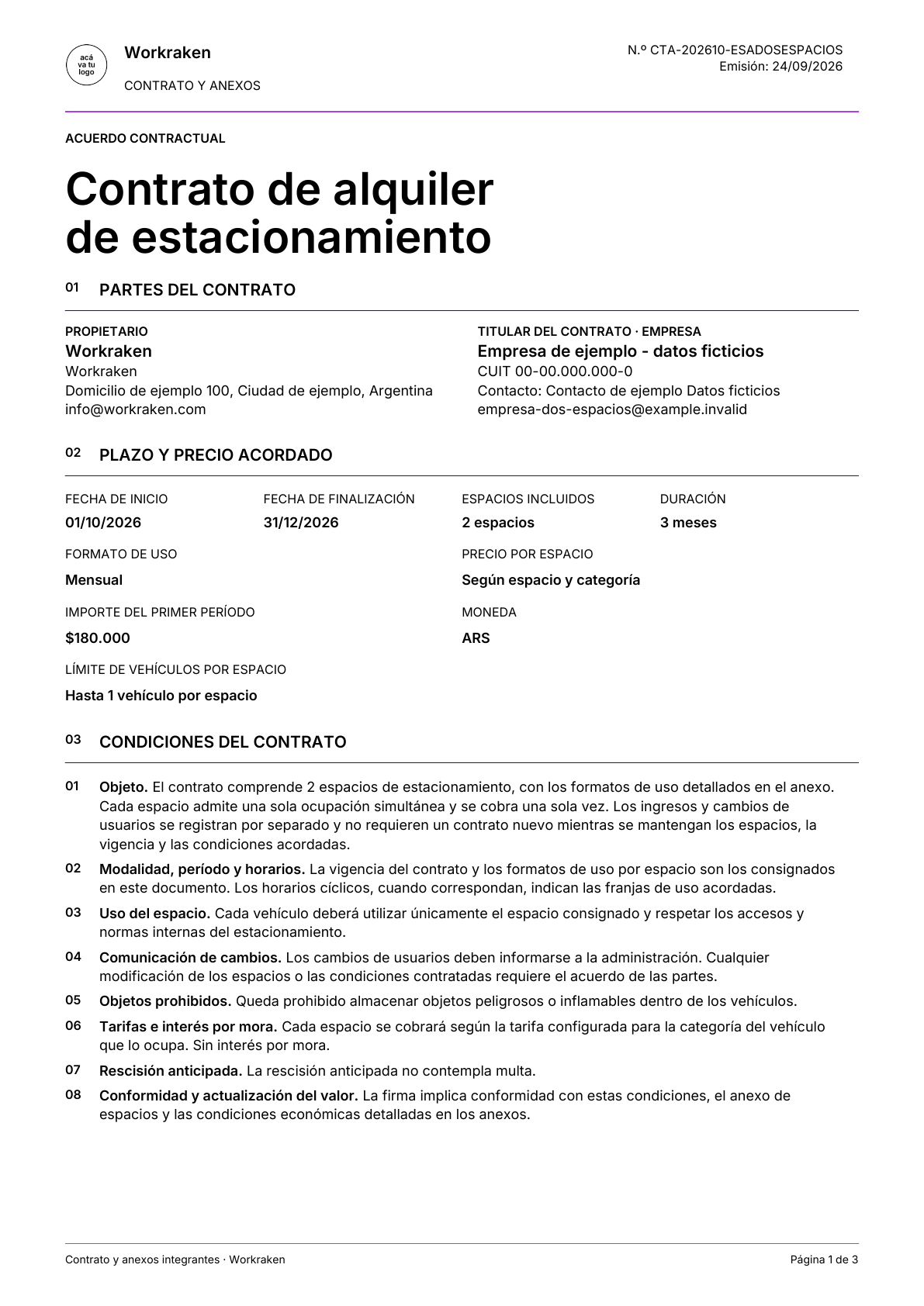 Contrato de empresa con dos espacios: página 1 de 3