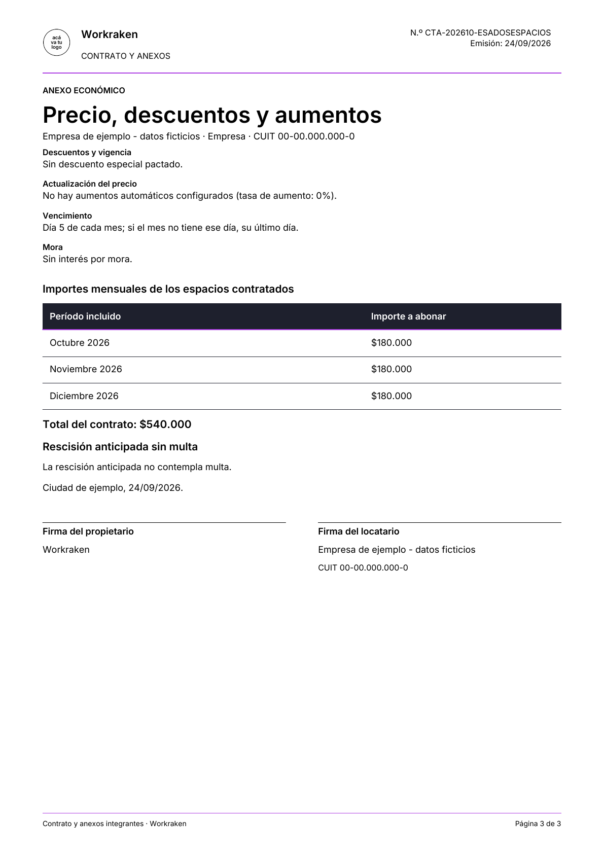 Contrato de empresa con dos espacios: página 3 de 3