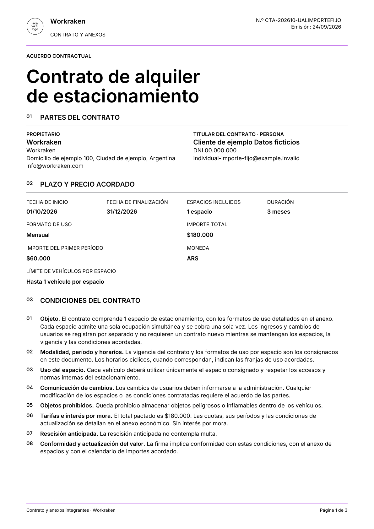 Contrato individual con importe fijo: página 1 de 3