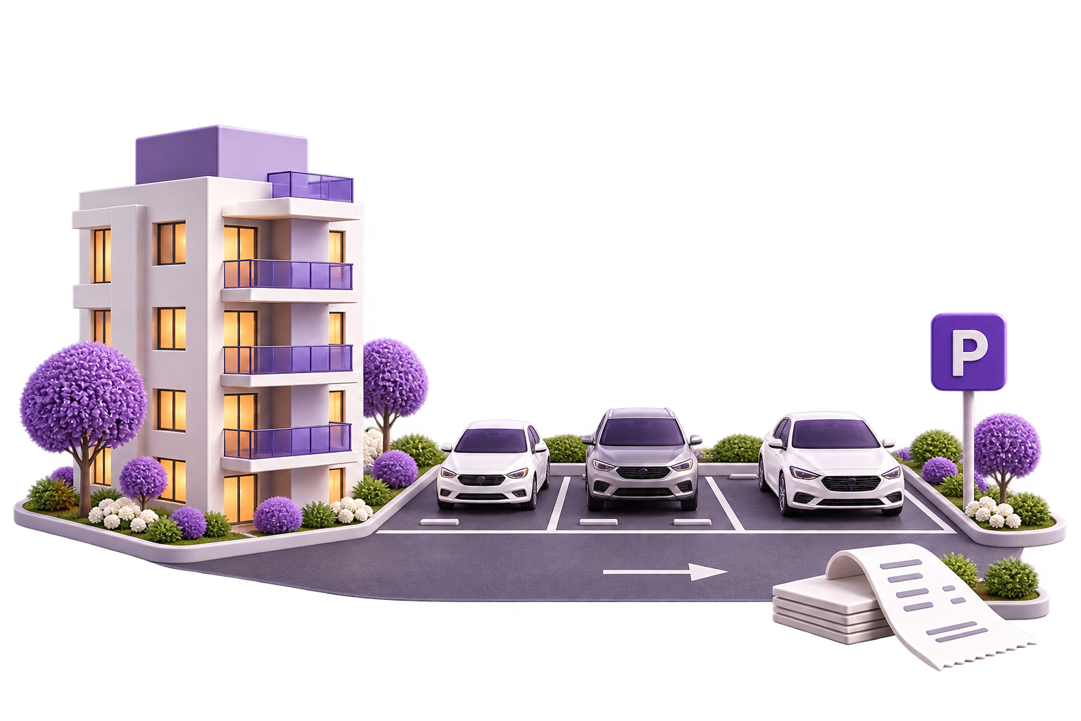 Edificio, estacionamiento y veh&iacute;culos
