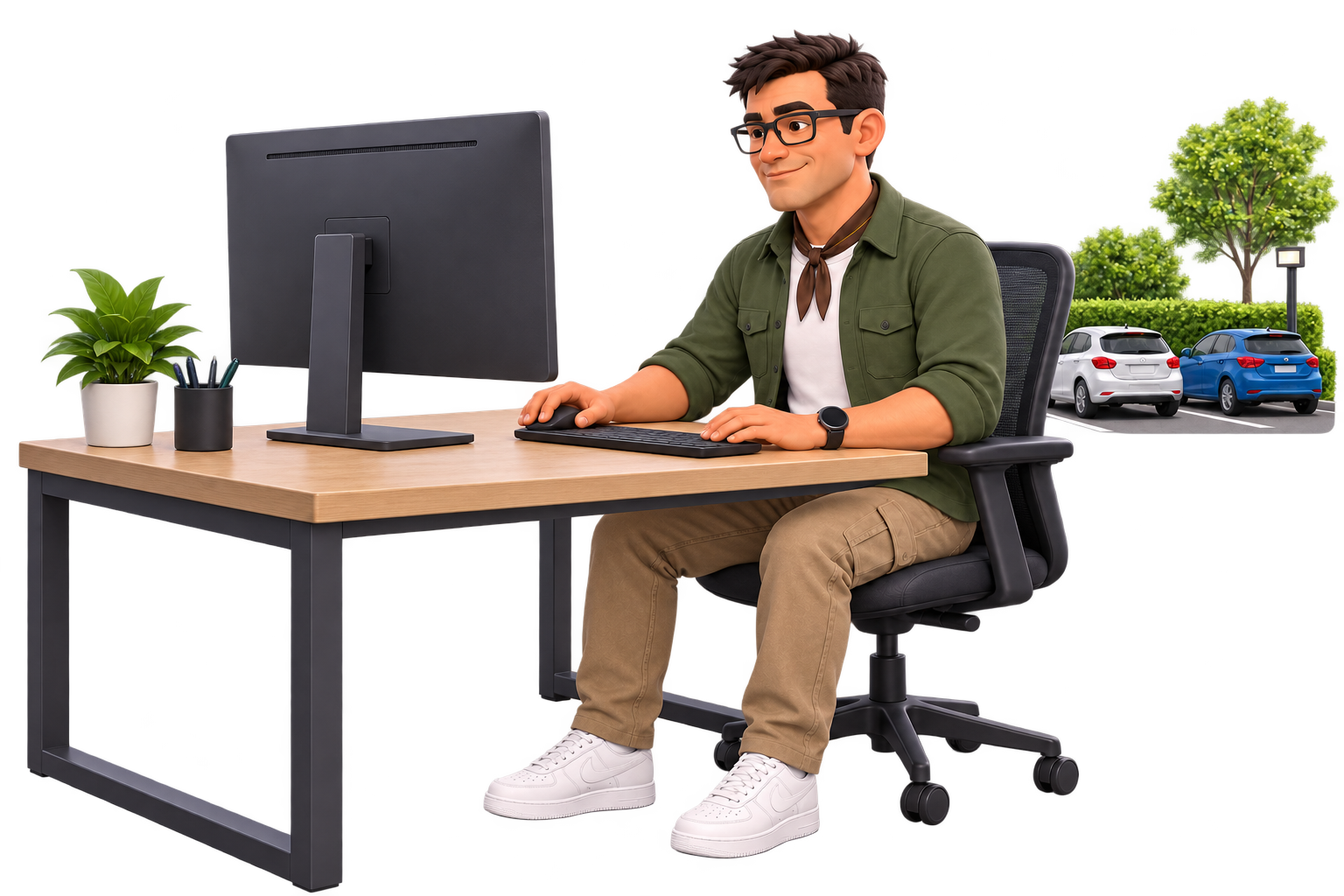 Bob administra el estacionamiento desde su computadora con una sonrisa natural