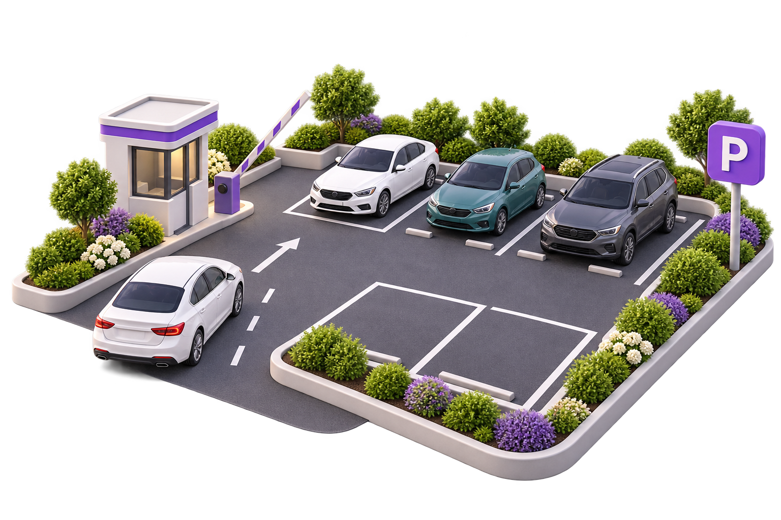 Estacionamiento con autos, plazas ocupadas y libres y una barrera de acceso.